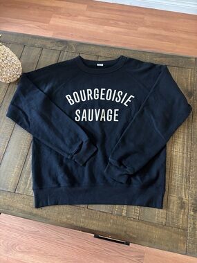 Clare V Men's Black Crewneck Sweater with White 'Bourgeoisie Sauvage' Graphic
